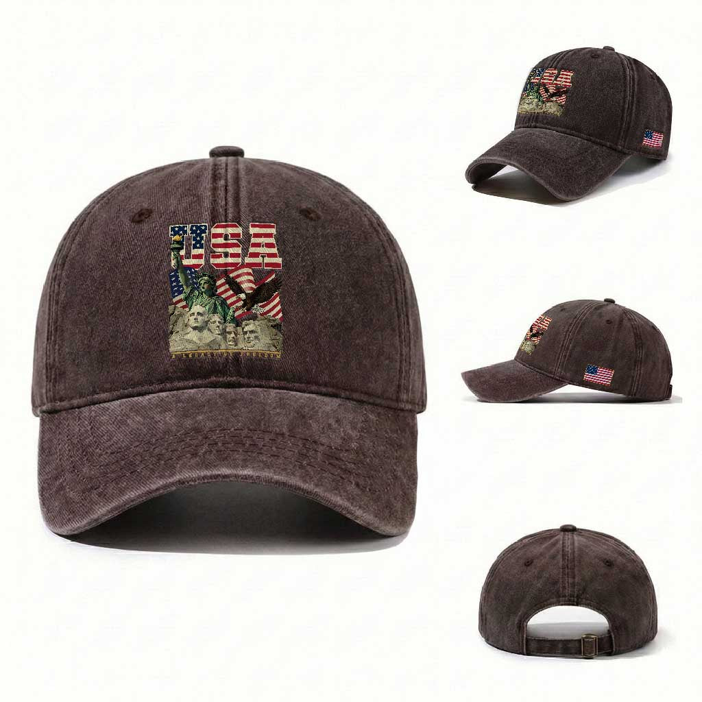 USA Legacy of Freedom Washed Cotton Baseball Cap Patriotic Statue of Liberty Bald Eagle Mount Rushmore Graphic TS02 Washed Cap Universal Fit Dark Brown Print Your Wear