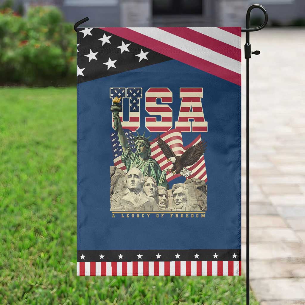 USA Legacy of Freedom Garden Flag Patriotic Statue of Liberty Bald Eagle Mount Rushmore Graphic TS02 Classic Blue Black Print Your Wear