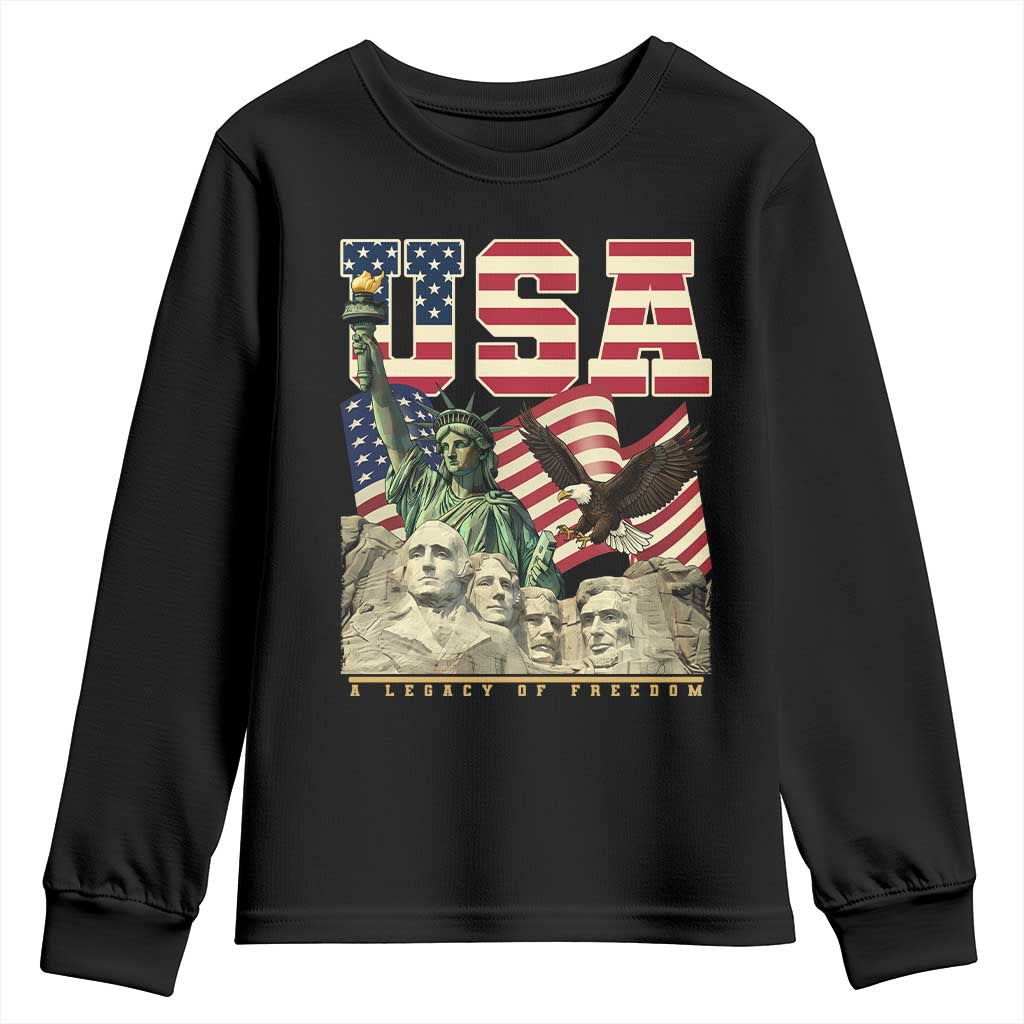 USA Legacy of Freedom Youth Sweatshirt Patriotic Statue of Liberty Bald Eagle Mount Rushmore Graphic TS02 Black Print Your Wear