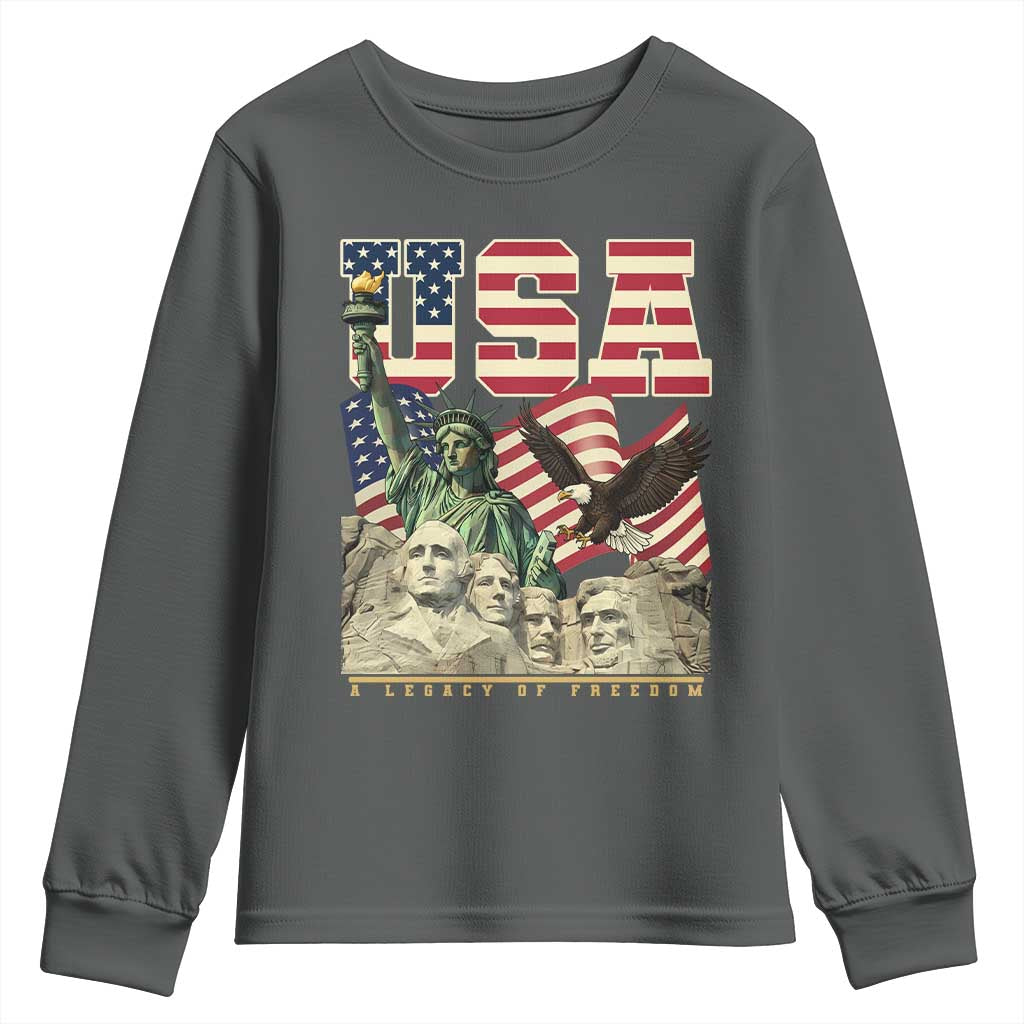 USA Legacy of Freedom Youth Sweatshirt Patriotic Statue of Liberty Bald Eagle Mount Rushmore Graphic TS02 Dark Heather Print Your Wear