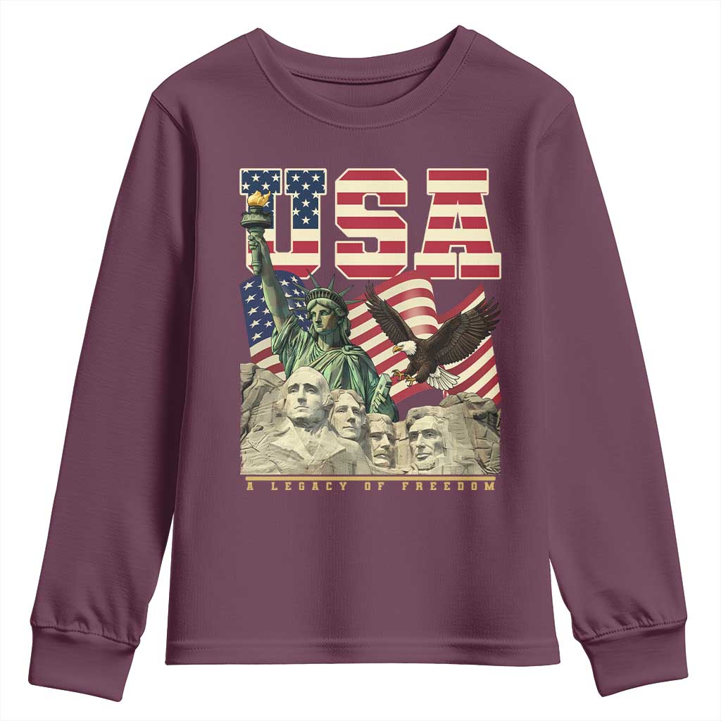 USA Legacy of Freedom Youth Sweatshirt Patriotic Statue of Liberty Bald Eagle Mount Rushmore Graphic TS02 Maroon Print Your Wear