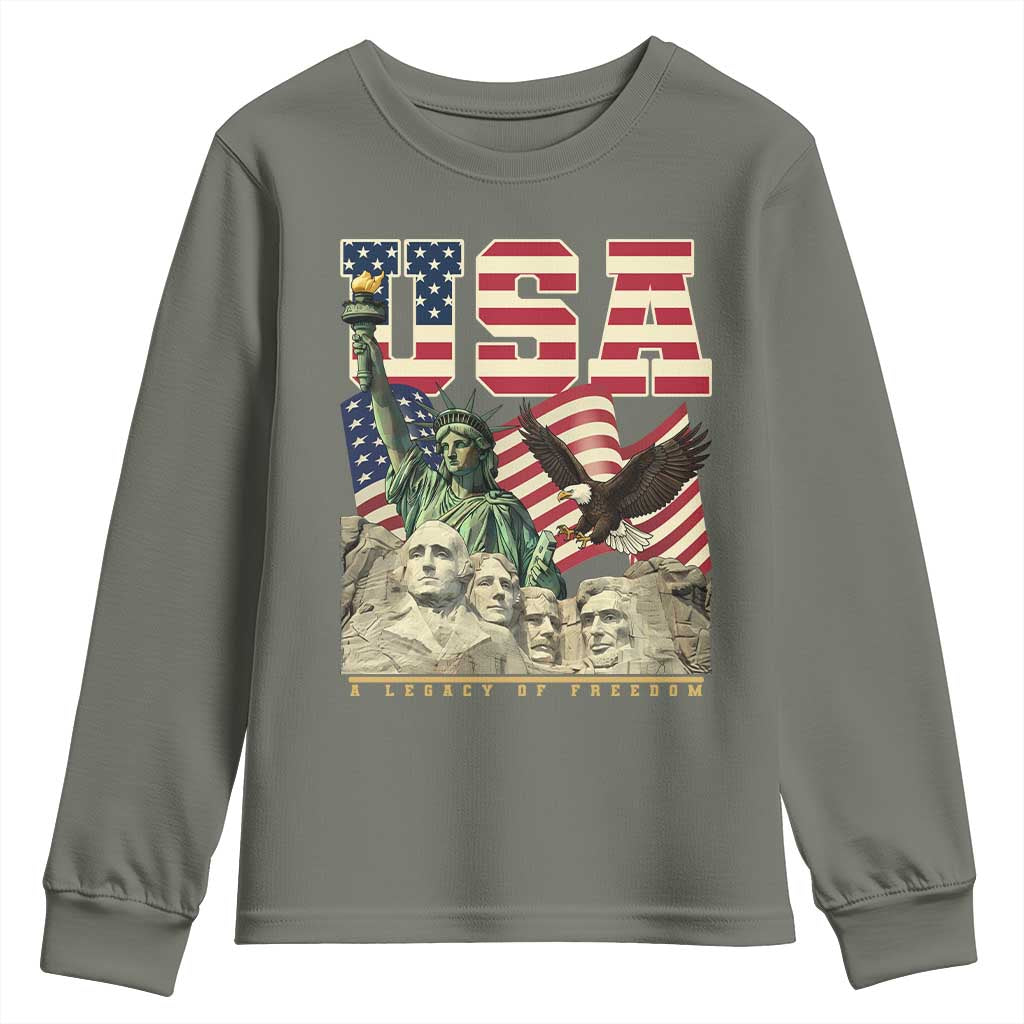 USA Legacy of Freedom Youth Sweatshirt Patriotic Statue of Liberty Bald Eagle Mount Rushmore Graphic TS02 Military Green Print Your Wear