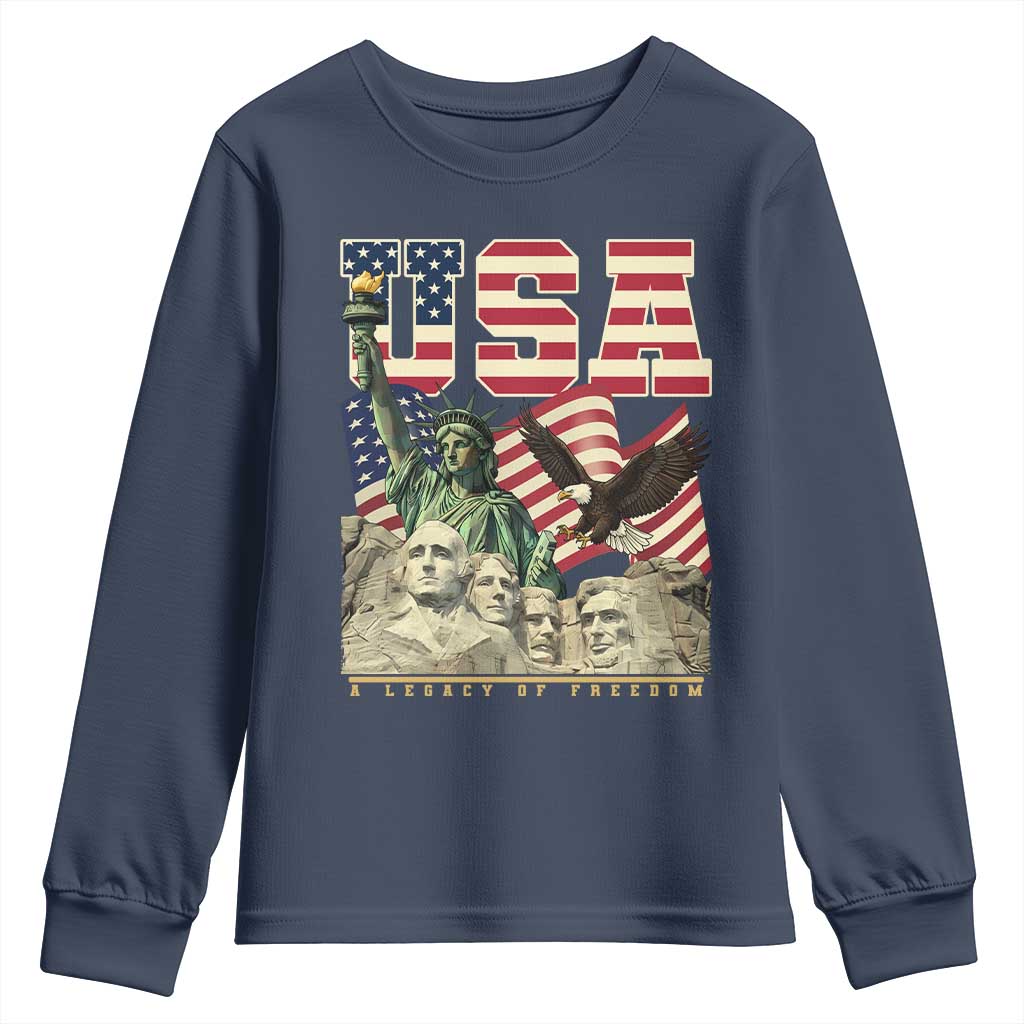USA Legacy of Freedom Youth Sweatshirt Patriotic Statue of Liberty Bald Eagle Mount Rushmore Graphic TS02 Navy Print Your Wear