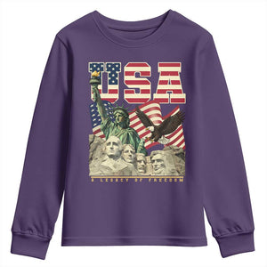USA Legacy of Freedom Youth Sweatshirt Patriotic Statue of Liberty Bald Eagle Mount Rushmore Graphic TS02 Purple Print Your Wear
