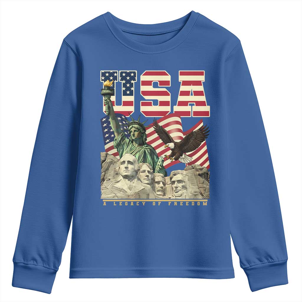 USA Legacy of Freedom Youth Sweatshirt Patriotic Statue of Liberty Bald Eagle Mount Rushmore Graphic TS02 Royal Blue Print Your Wear