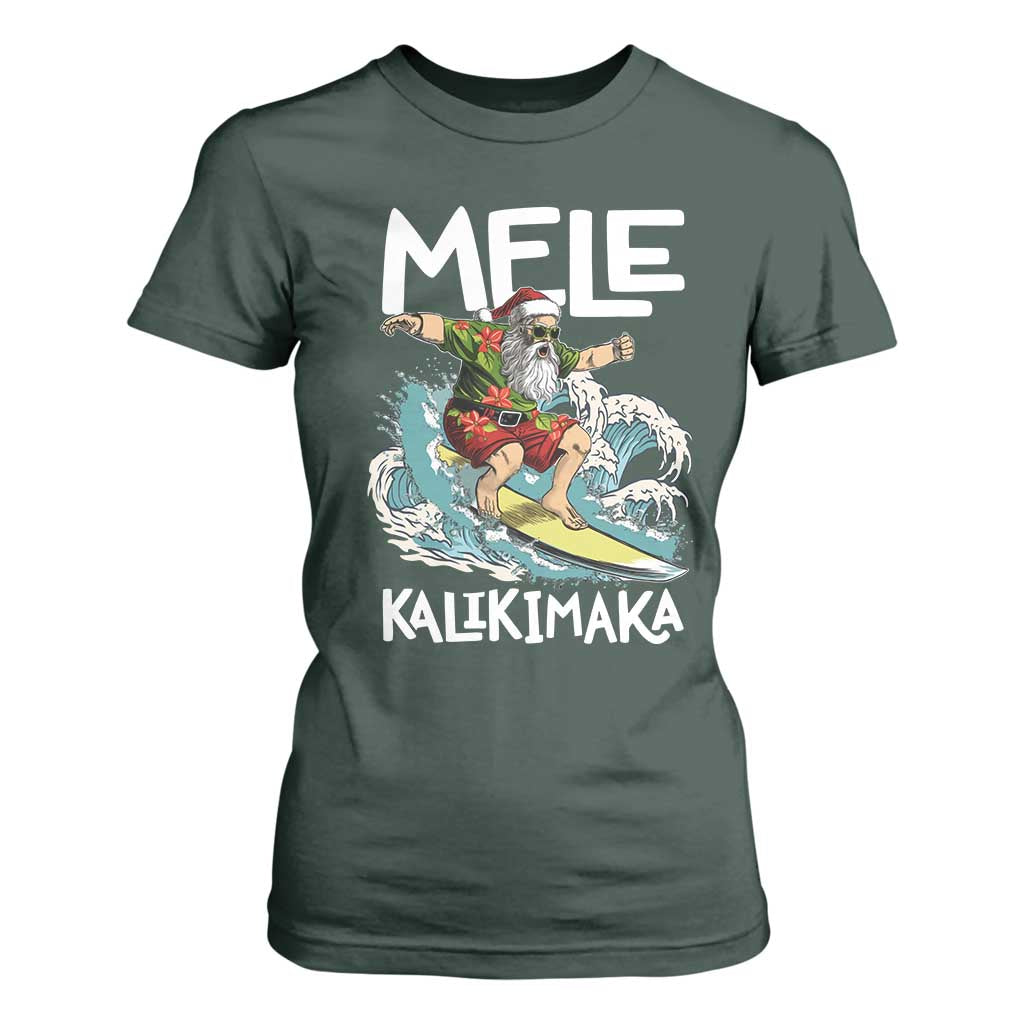 Christmas in Hawaii T Shirt For Women Mele Kalikimaka Hawaiian Tropical Surfing Santa TS02 Dark Forest Green Print Your Wear