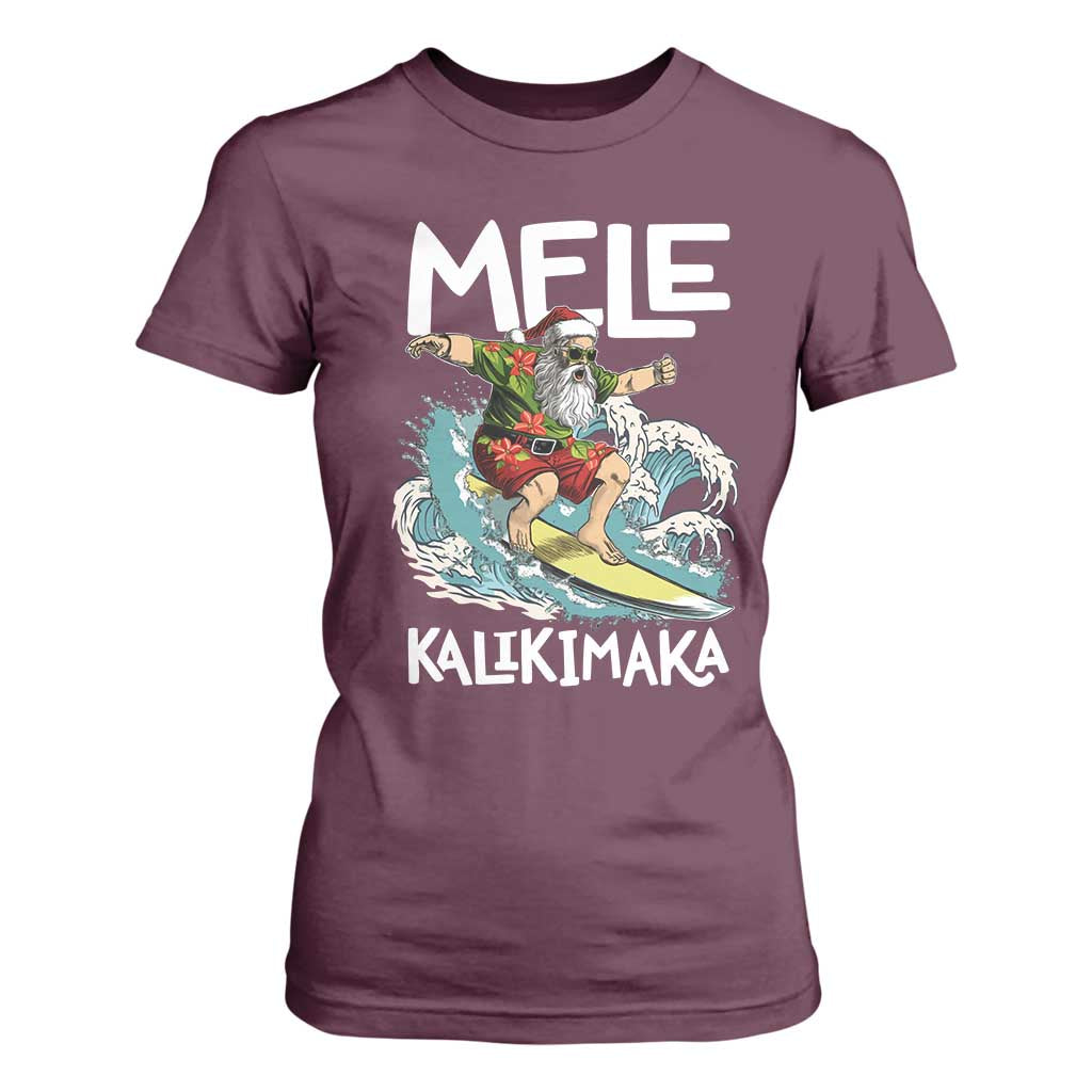 Christmas in Hawaii T Shirt For Women Mele Kalikimaka Hawaiian Tropical Surfing Santa TS02 Maroon Print Your Wear