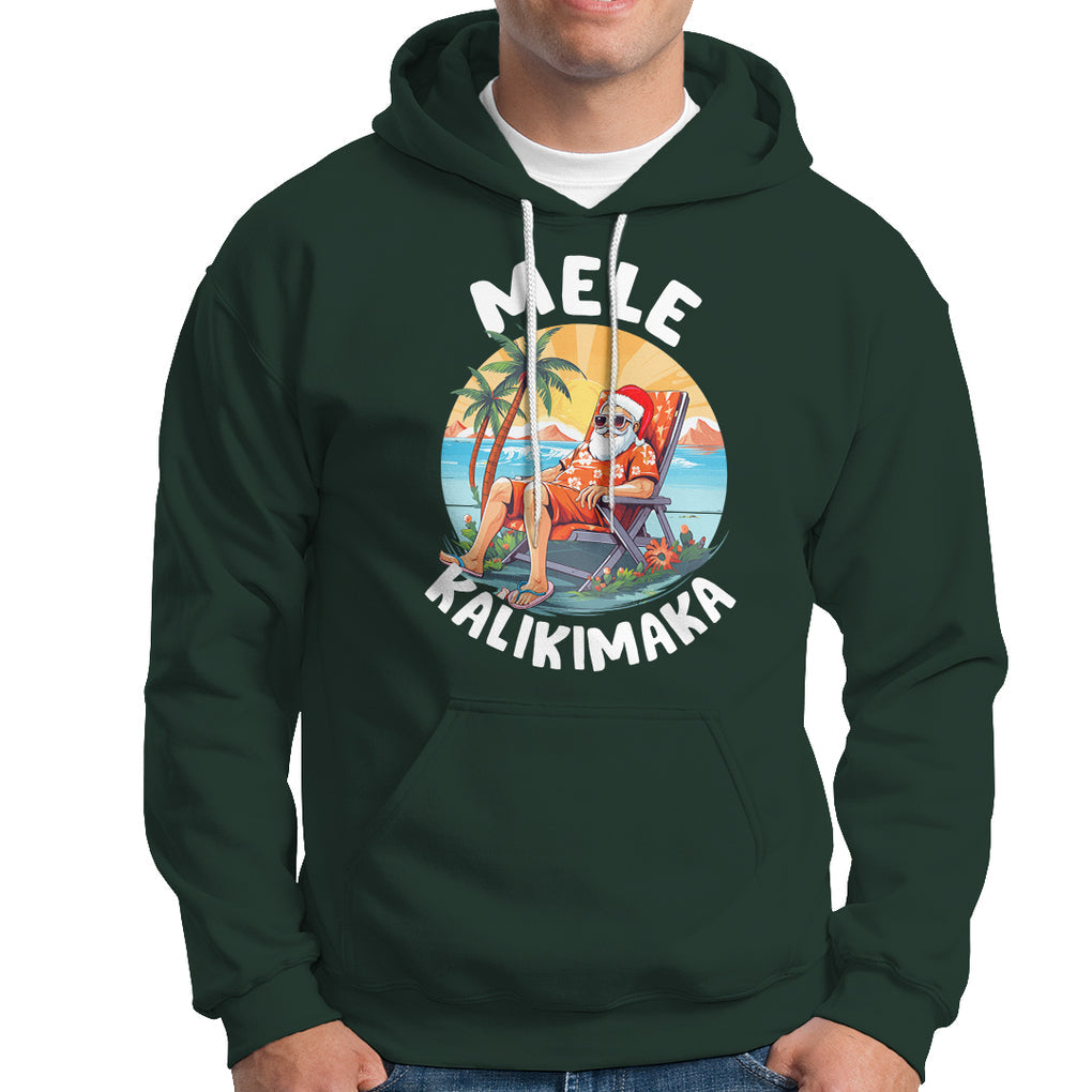 Mele Kalikimaka Tropical Hawaiian Christmas in Hawaii Sunbath Santa Hoodie TS02 Dark Forest Green Printyourwear