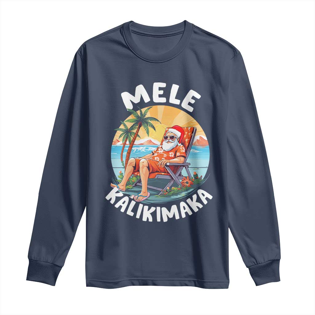 Christmas in Hawaii Long Sleeve Shirt Mele Kalikimaka Hawaiian Tropical Sunbath Santa TS02 Navy Print Your Wear