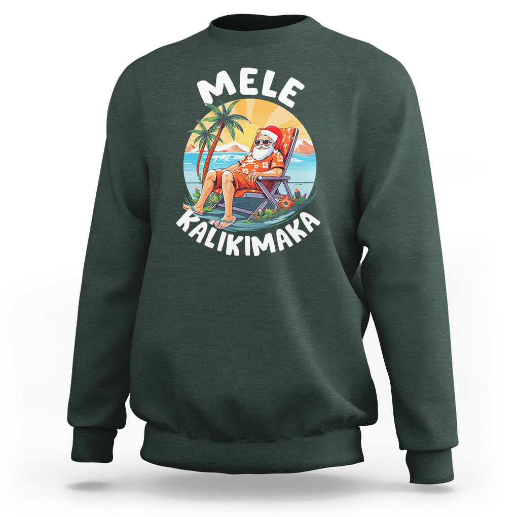 Mele Kalikimaka Tropical Hawaiian Christmas in Hawaii Sunbath Santa Sweatshirt TS02 Dark Forest Green Printyourwear