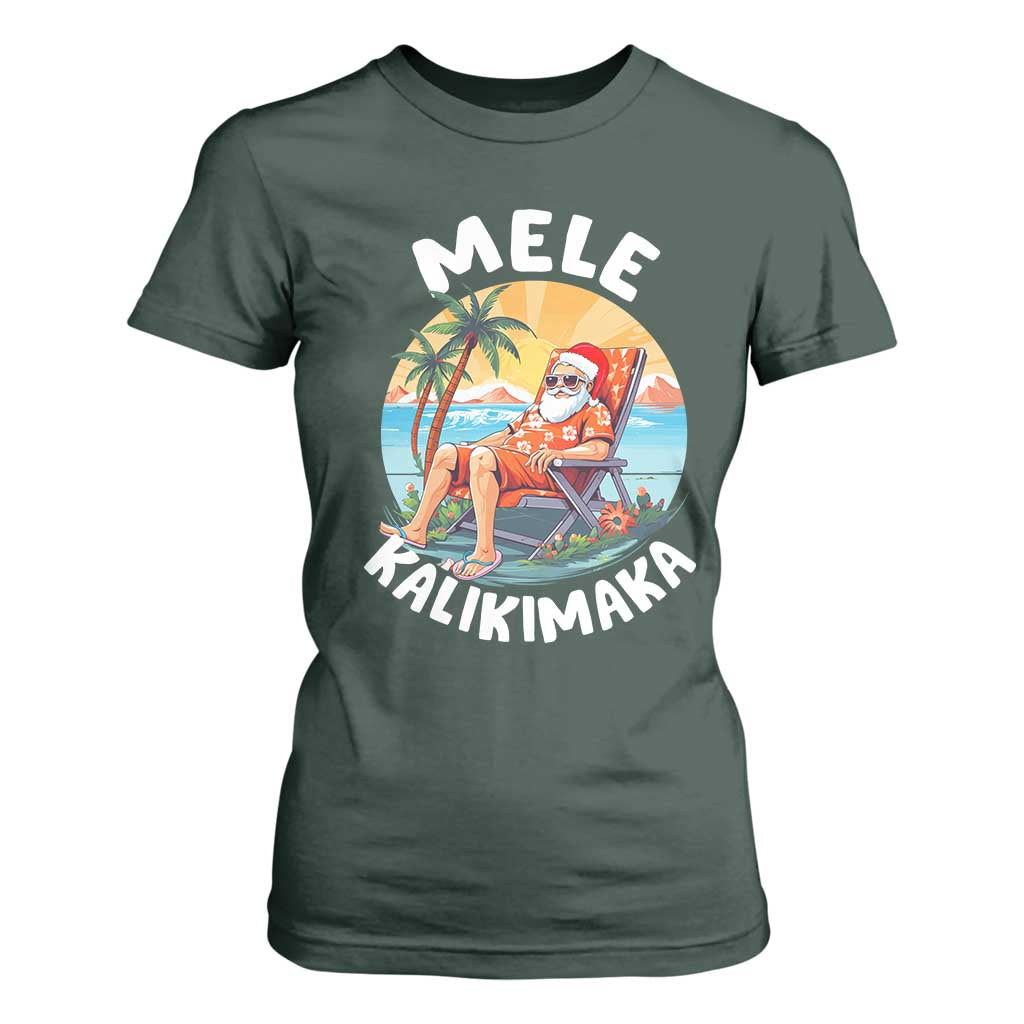 Christmas in Hawaii T Shirt For Women Mele Kalikimaka Hawaiian Tropical Sunbath Santa TS02 Dark Forest Green Print Your Wear
