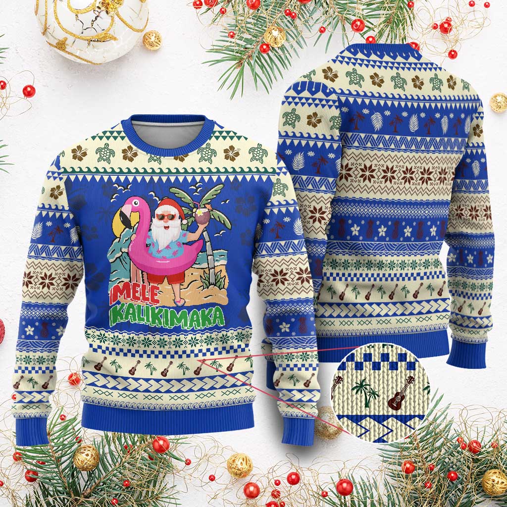 Xmas in Hawaii Ugly Christmas Sweater Mele Kalikimaka Hawaiian Tropical Beach Santa TS02 Blue Print Your Wear