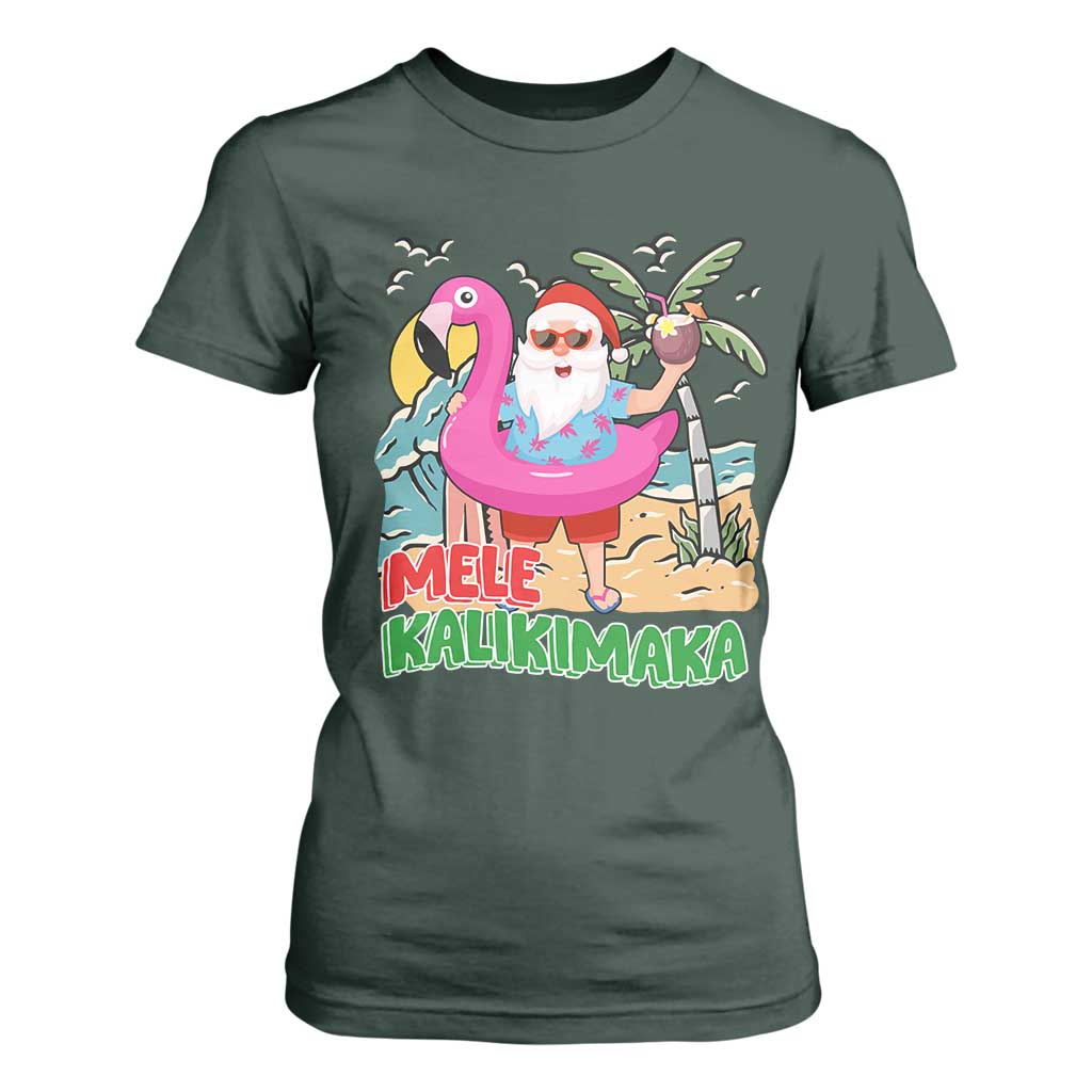 Christmas in Hawaii T Shirt For Women Mele Kalikimaka Hawaiian Tropical Beach Santa TS02 Dark Forest Green Print Your Wear