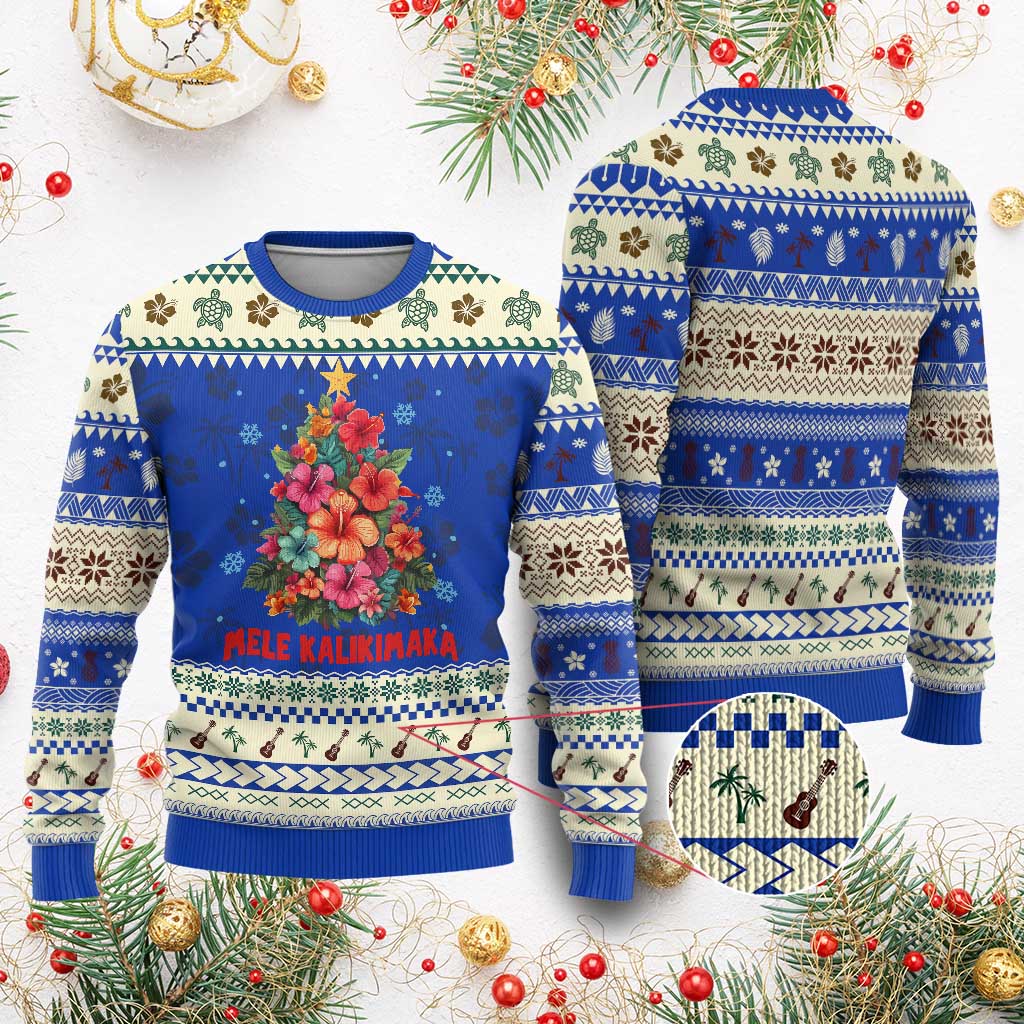 Xmas in Hawaii Ugly Christmas Sweater Mele Kalikimaka Tropical Hawaiian Hibiscus TS02 Blue Print Your Wear