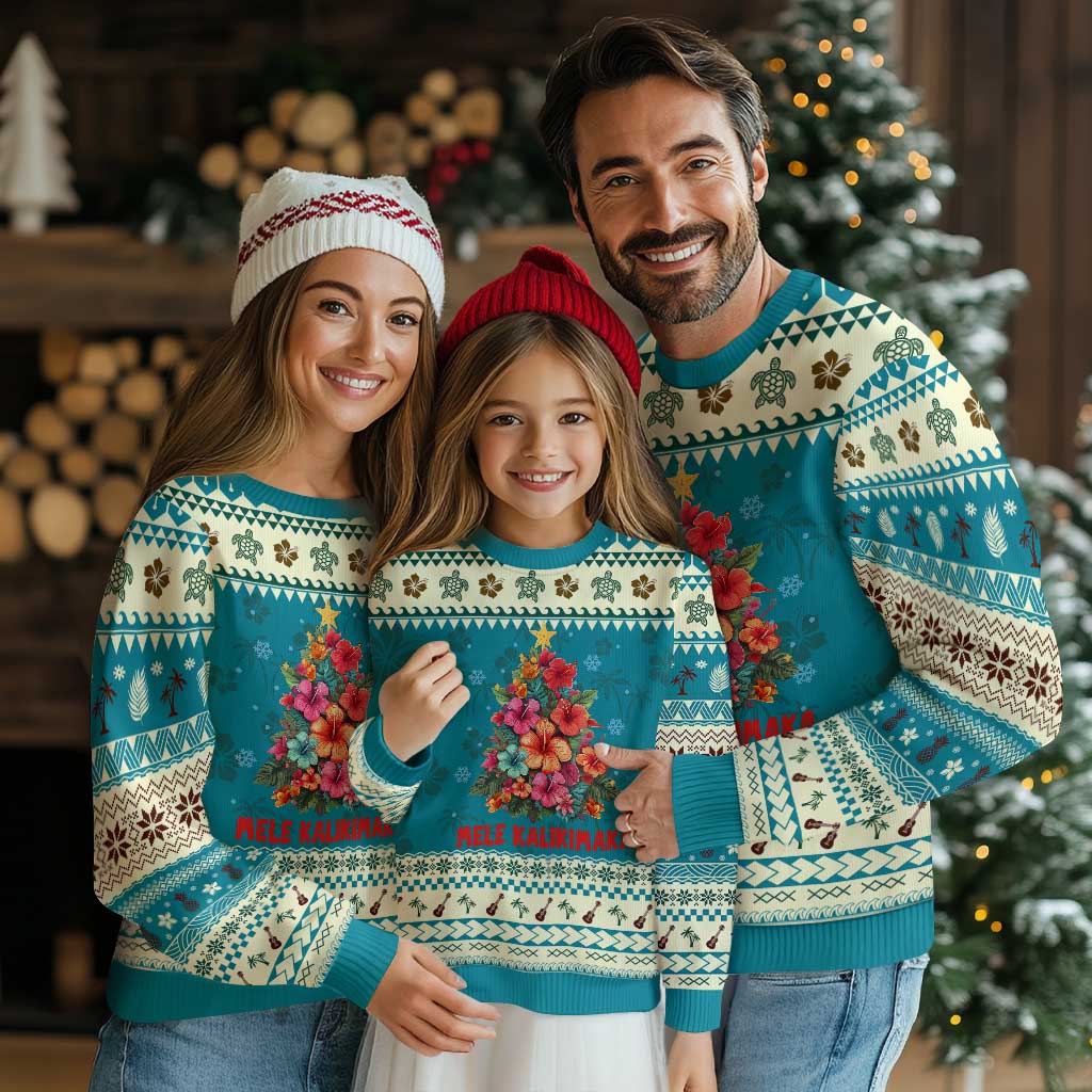 Xmas in Hawaii Ugly Christmas Sweater Mele Kalikimaka Tropical Hawaiian Hibiscus TS02 Teal Print Your Wear