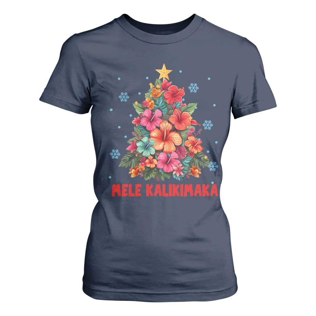 Christmas in Hawaii T Shirt For Women Mele Kalikimaka Tropical Hawaiian Hibiscus TS02 Navy Print Your Wear