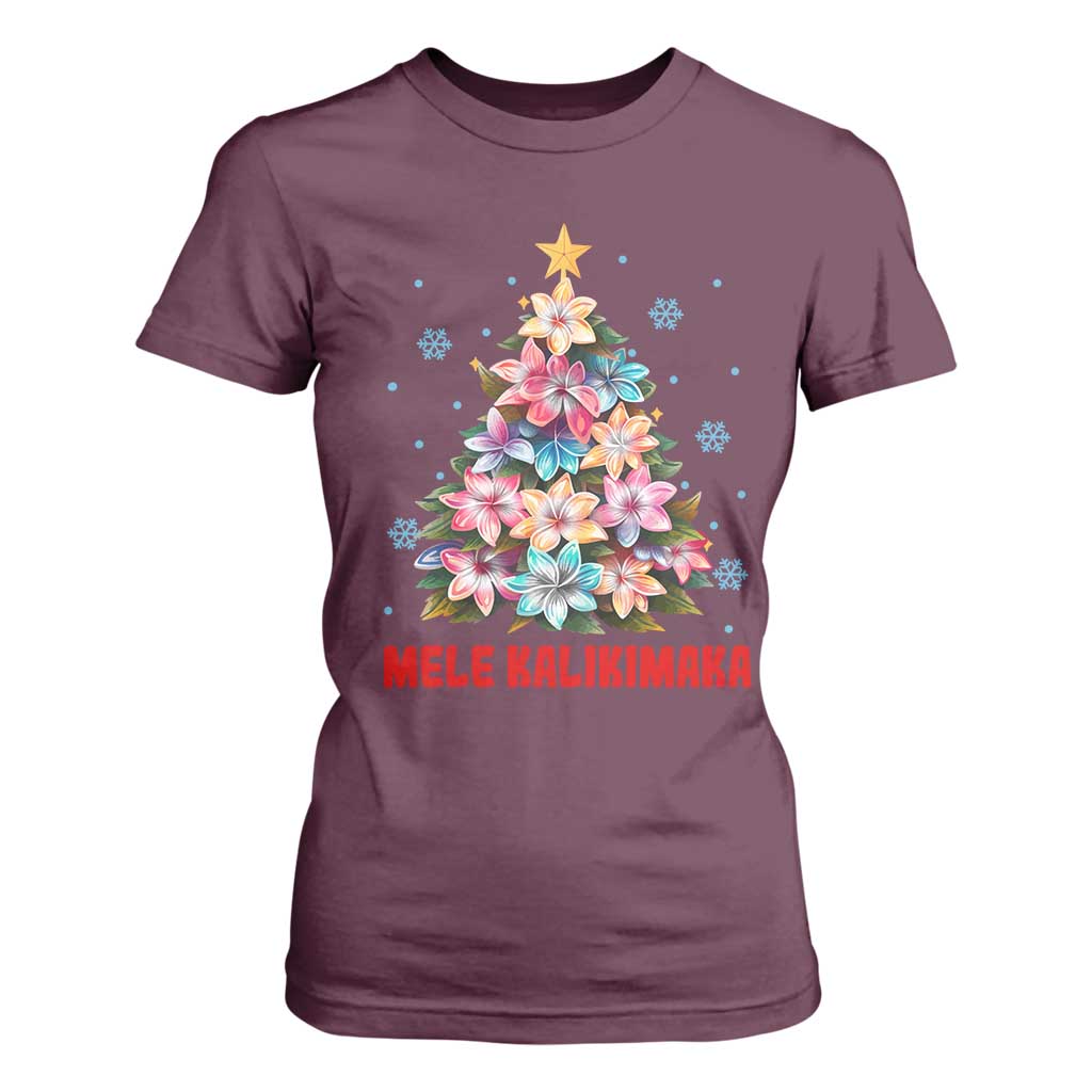 Christmas in Hawaii T Shirt For Women Mele Kalikimaka Tropical Hawaiian Plumeria TS02 Maroon Print Your Wear