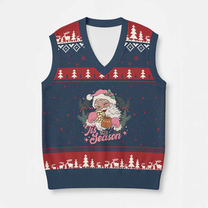Retro Pink Santa V-Neck Knit Sweater Vest Tis The Season Feliz Navidad Latin America Mexican Xmas TS02 Navy Red Print Your Wear
