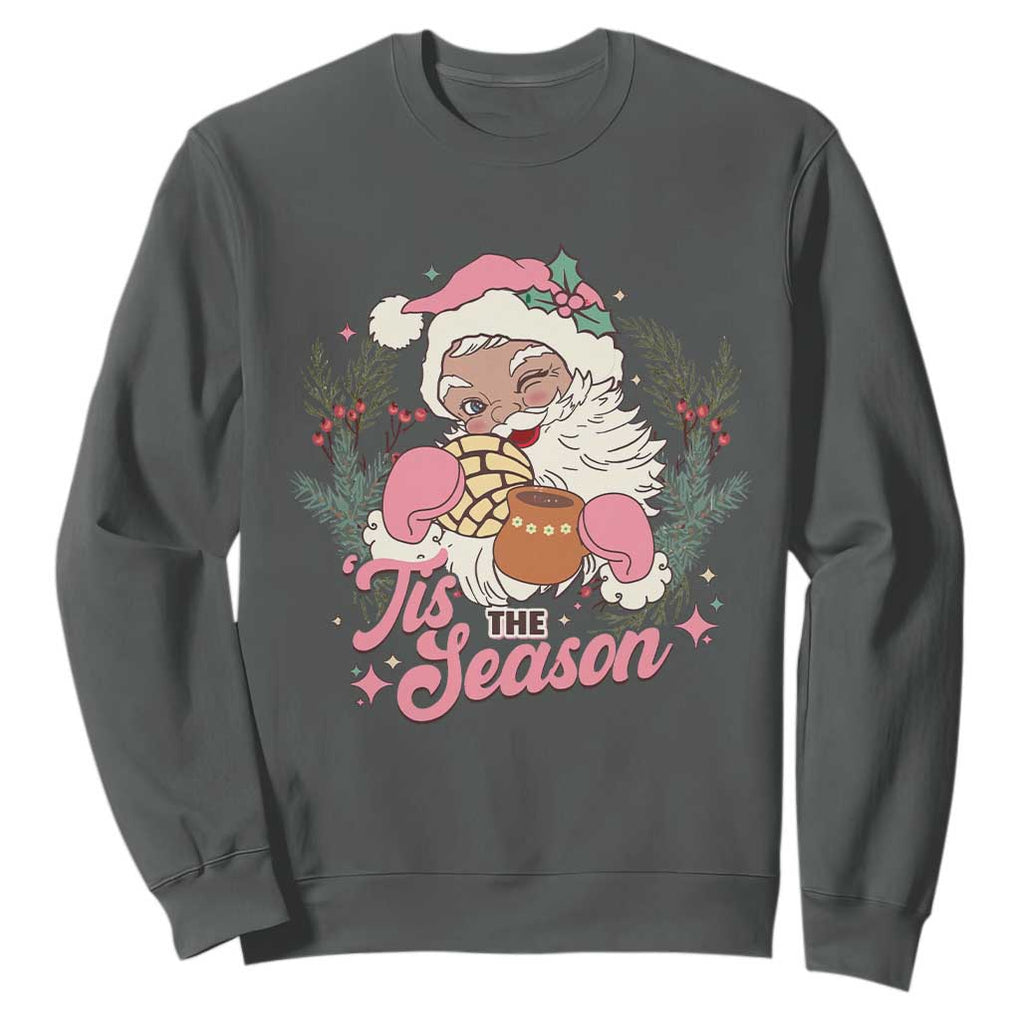 Retro Pink Santa Sweatshirt Tis The Season Feliz Navidad Latin America Mexican Christmas TS02 Dark Heather Print Your Wear