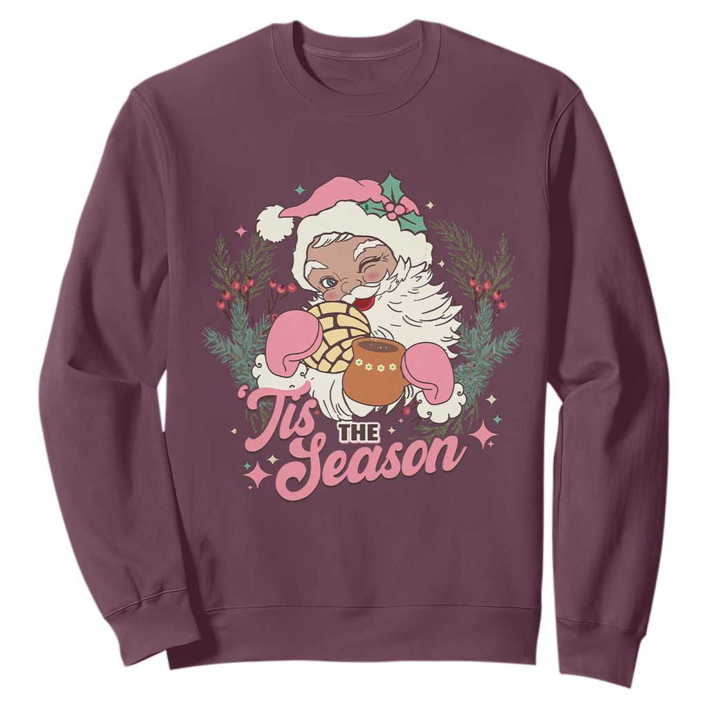 Retro Pink Santa Sweatshirt Tis The Season Feliz Navidad Latin America Mexican Christmas TS02 Maroon Print Your Wear