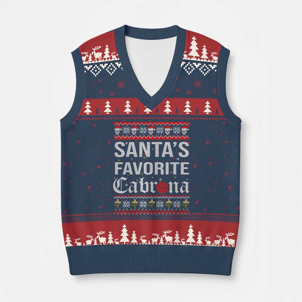 Funny Mexican Ugly Xmas V-Neck Knit Sweater Vest Santa's Favorite Cabrona Xmas Party Gift TS02 Navy Red Print Your Wear
