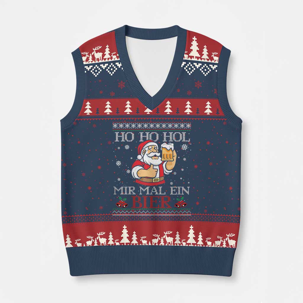 Funny Mexican Santa Drinking V-Neck Knit Sweater Vest Ho Ho Hol Mir Mal Ein Bier Hold Me A Beer Xmas Party TS02 Navy Red Print Your Wear