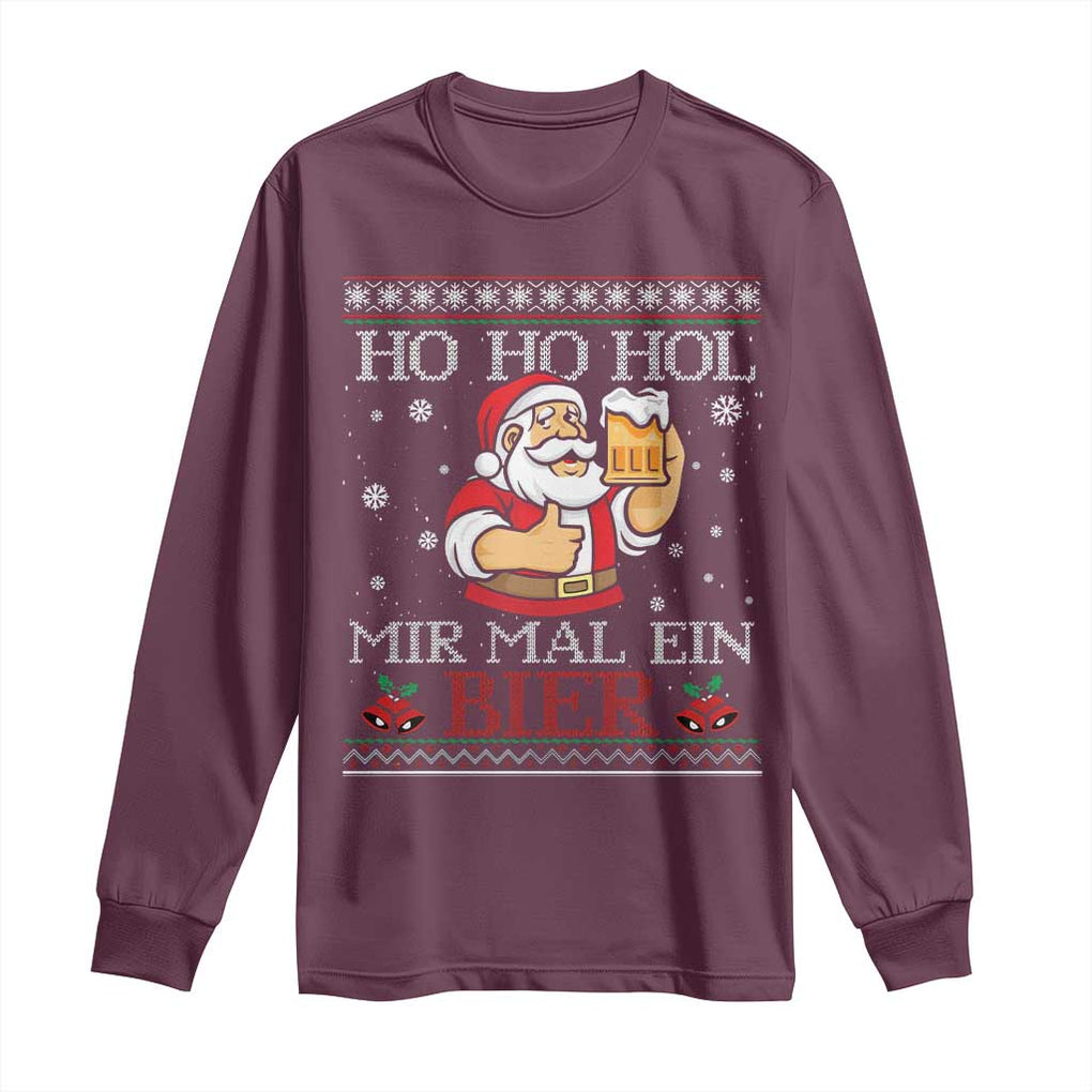 Funny Mexican Santa Drinking Long Sleeve Shirt Ho Ho Hol Mir Mal Ein Bier Hold Me A Beer Xmas Party TS02 Maroon Print Your Wear