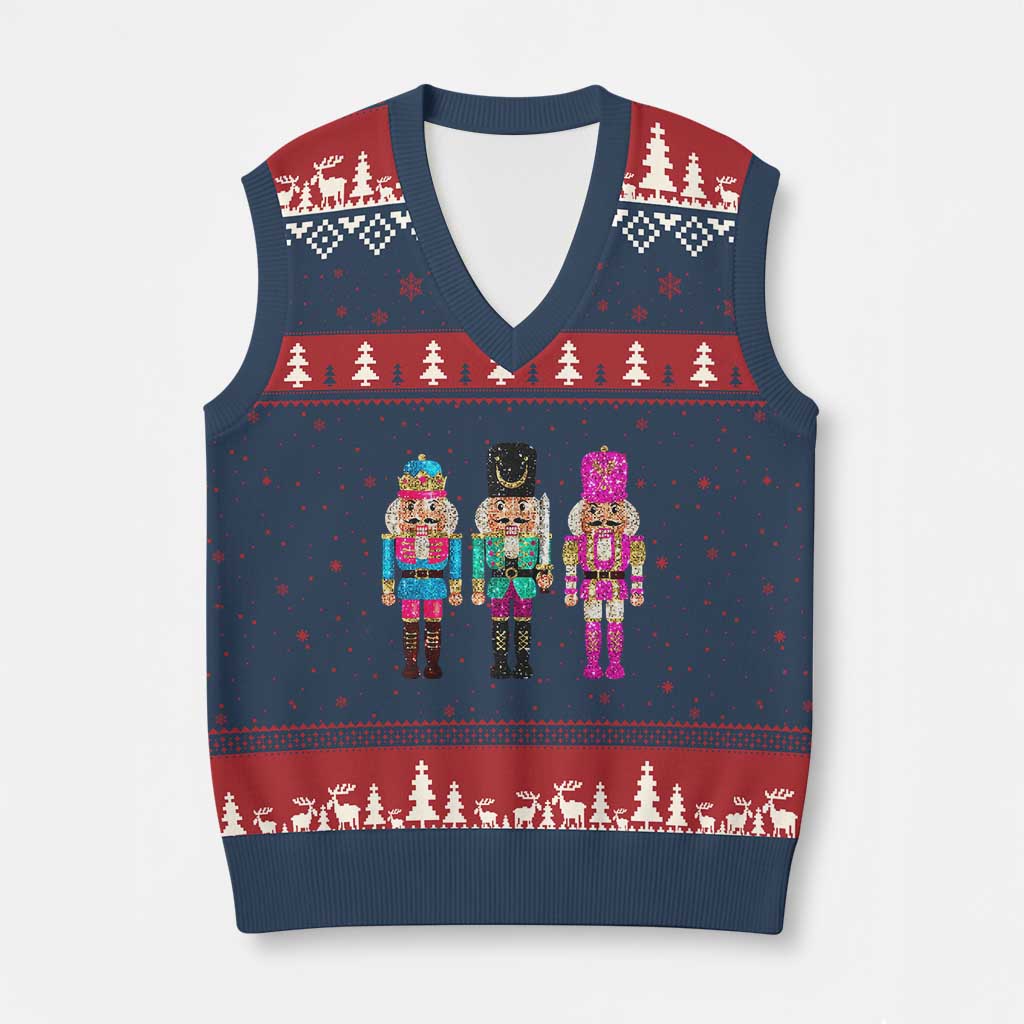 Xmas Nutcracker V-Neck Knit Sweater Vest Sequin Sparklle Festive Xmas Vintage TS02 Navy Red Print Your Wear