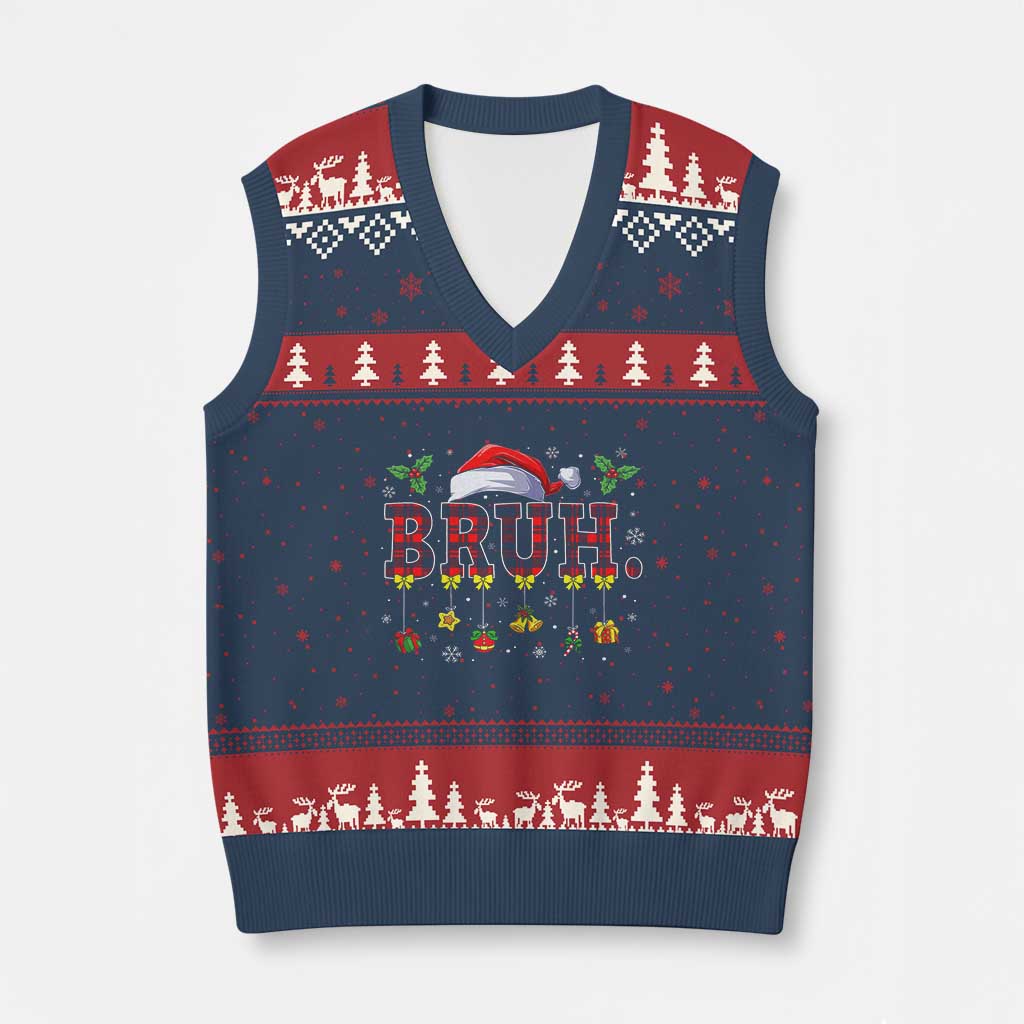 Xmas Bruh V-Neck Knit Sweater Vest Red Plaid Retro Xmas Pajamas Matching TS02 Navy Red Print Your Wear