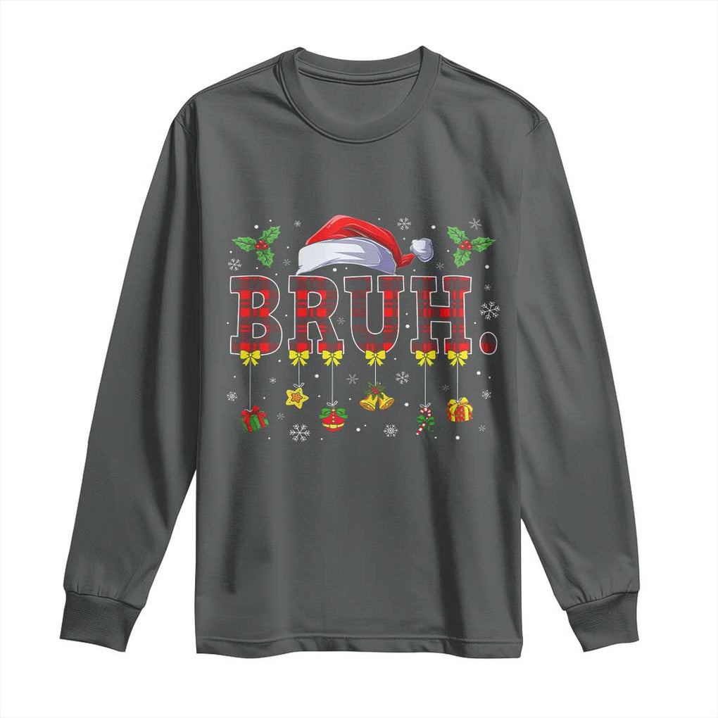 Christmas Bruh Long Sleeve Shirt Red Plaid Retro Xmas Pajamas Matching TS02 Dark Heather Print Your Wear