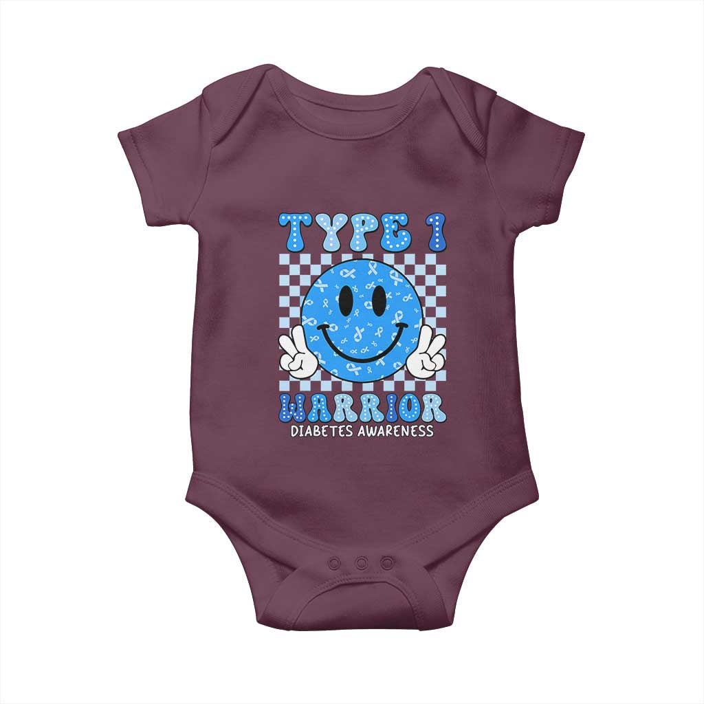 Diabetes Awareness Baby Onesie Blue Ribbon T1D Warrior Support Squad Retro Groovy TS02 Maroon Print Your Wear