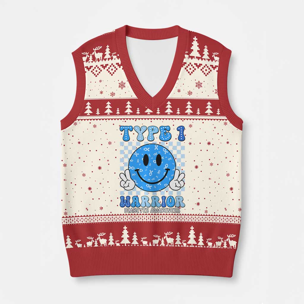Diabetes Awareness V-Neck Knit Sweater Vest Blue Ribbon T1D Warrior Support Squad Retro Groovy TS02 Beige Red Print Your Wear