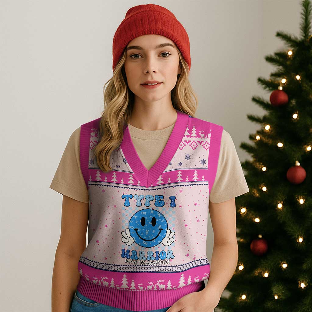 Diabetes Awareness V-Neck Knit Sweater Vest Blue Ribbon T1D Warrior Support Squad Retro Groovy TS02 Hot Pink Print Your Wear