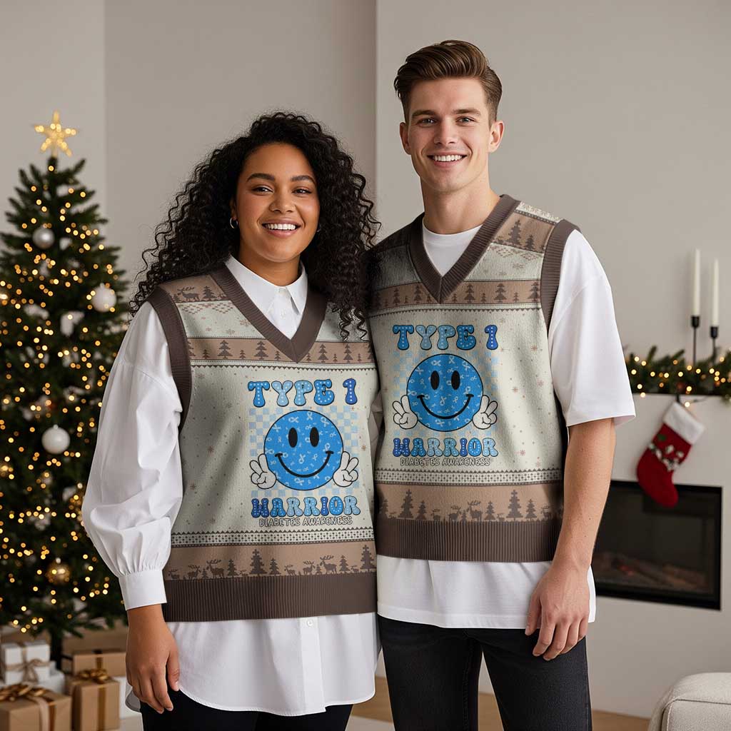 Diabetes Awareness V-Neck Knit Sweater Vest Blue Ribbon T1D Warrior Support Squad Retro Groovy TS02 Mocha Mousse Print Your Wear