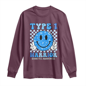 Diabetes Awareness Long Sleeve Shirt Blue Ribbon T1D Warrior Support Squad Retro Groovy TS02 Maroon Print Your Wear