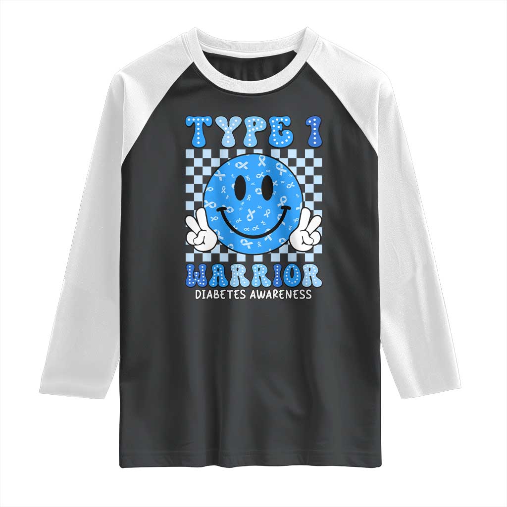 Diabetes Awareness Raglan Shirt Blue Ribbon T1D Warrior Support Squad Retro Groovy TS02 Black White Print Your Wear