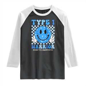 Diabetes Awareness Raglan Shirt Blue Ribbon T1D Warrior Support Squad Retro Groovy TS02 Black White Print Your Wear