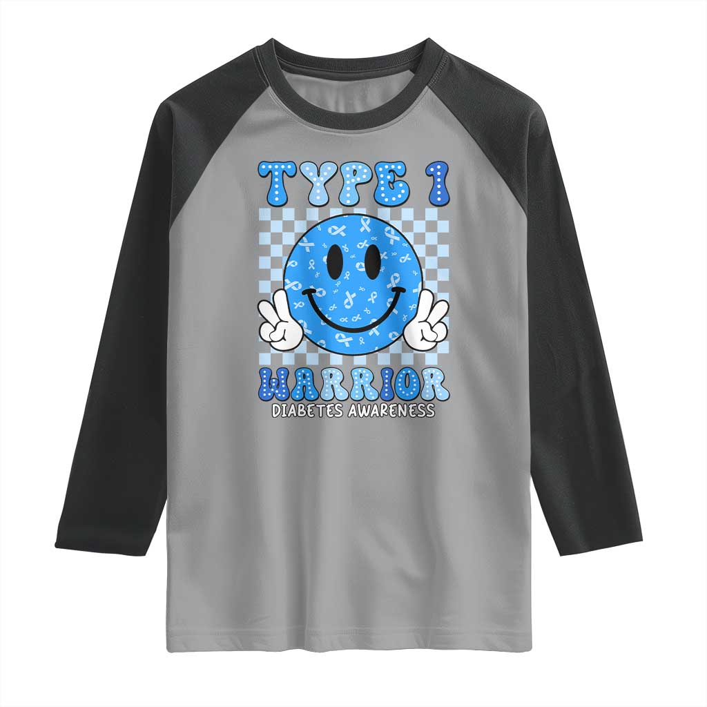 Diabetes Awareness Raglan Shirt Blue Ribbon T1D Warrior Support Squad Retro Groovy TS02 Sport Gray Black Print Your Wear