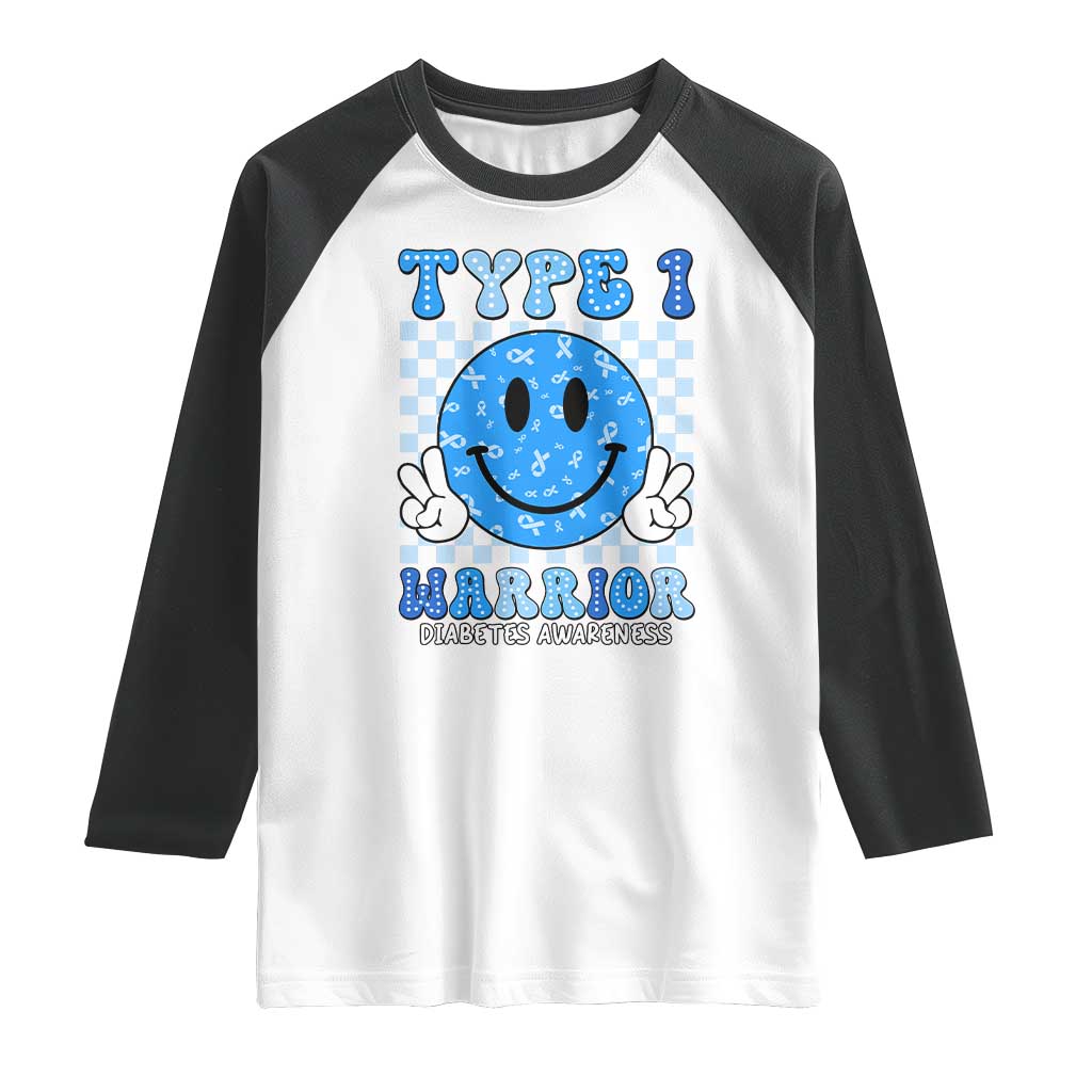 Diabetes Awareness Raglan Shirt Blue Ribbon T1D Warrior Support Squad Retro Groovy TS02 White Black Print Your Wear
