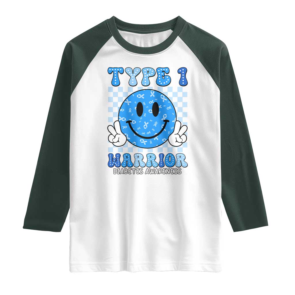 Diabetes Awareness Raglan Shirt Blue Ribbon T1D Warrior Support Squad Retro Groovy TS02 White Dark Forest Green Print Your Wear