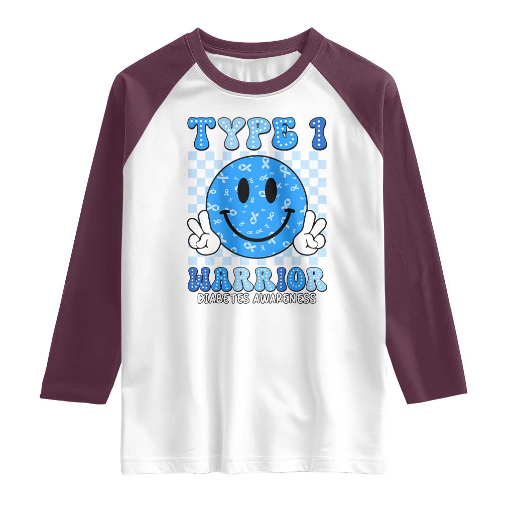 Diabetes Awareness Raglan Shirt Blue Ribbon T1D Warrior Support Squad Retro Groovy TS02 White Maroon Print Your Wear