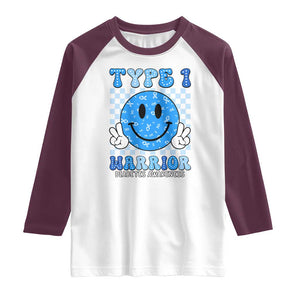 Diabetes Awareness Raglan Shirt Blue Ribbon T1D Warrior Support Squad Retro Groovy TS02 White Maroon Print Your Wear