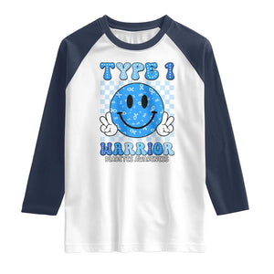 Diabetes Awareness Raglan Shirt Blue Ribbon T1D Warrior Support Squad Retro Groovy TS02 White Navy Print Your Wear