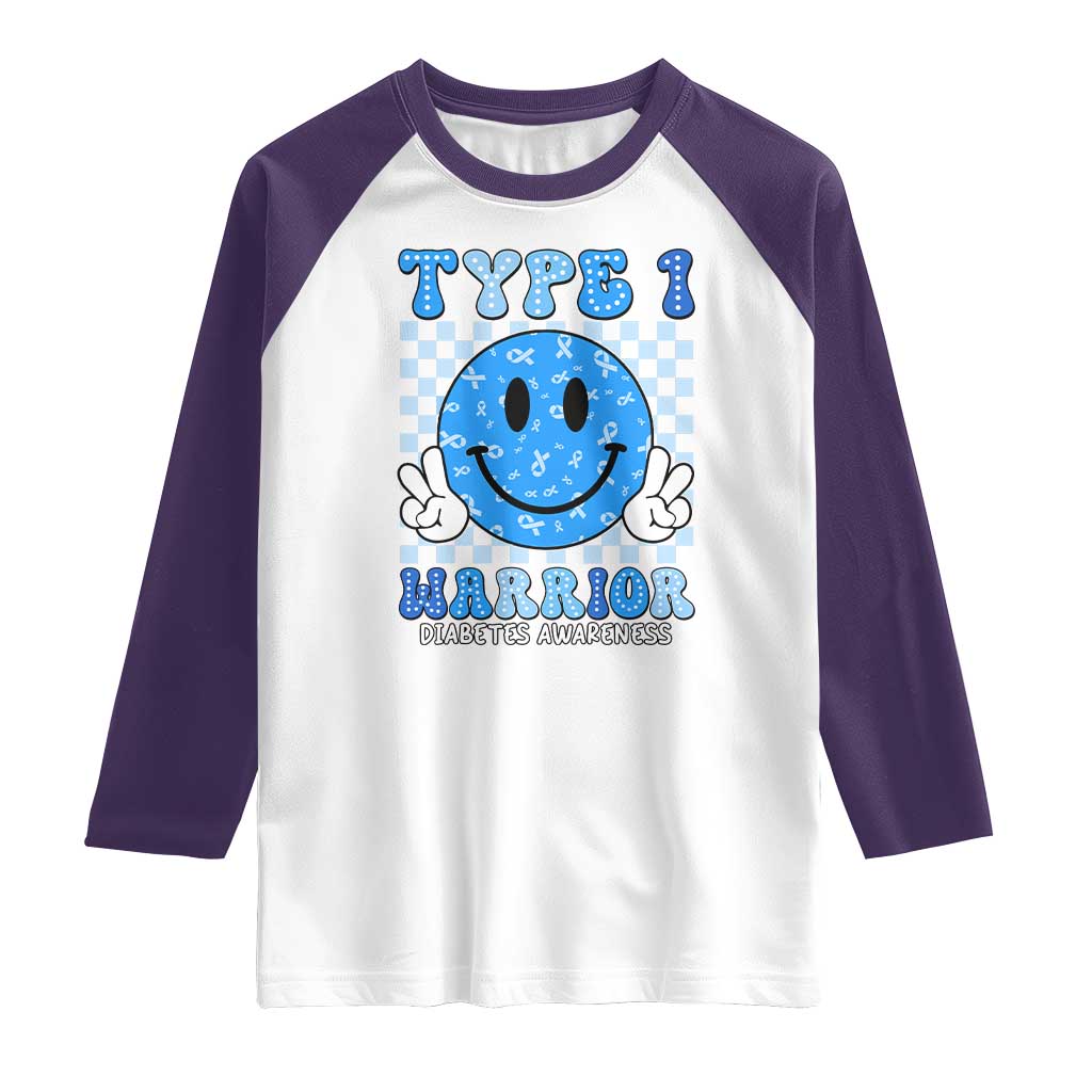 Diabetes Awareness Raglan Shirt Blue Ribbon T1D Warrior Support Squad Retro Groovy TS02 White Purple Print Your Wear