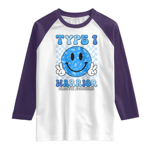 Diabetes Awareness Raglan Shirt Blue Ribbon T1D Warrior Support Squad Retro Groovy TS02 White Purple Print Your Wear