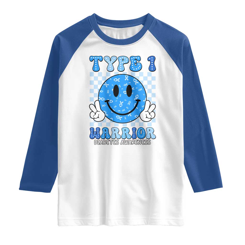 Diabetes Awareness Raglan Shirt Blue Ribbon T1D Warrior Support Squad Retro Groovy TS02 White Royal Print Your Wear