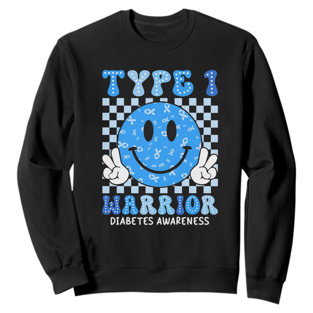 Diabetes Awareness Sweatshirt Blue Ribbon T1D Warrior Support Squad Retro Groovy TS02 Black Print Your Wear