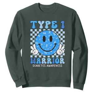 Diabetes Awareness Sweatshirt Blue Ribbon T1D Warrior Support Squad Retro Groovy TS02 Dark Forest Green Print Your Wear