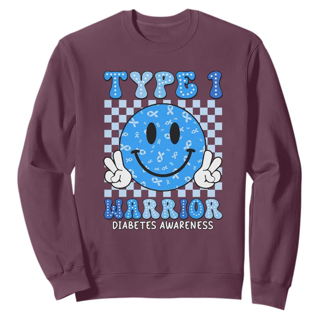 Diabetes Awareness Sweatshirt Blue Ribbon T1D Warrior Support Squad Retro Groovy TS02 Maroon Print Your Wear