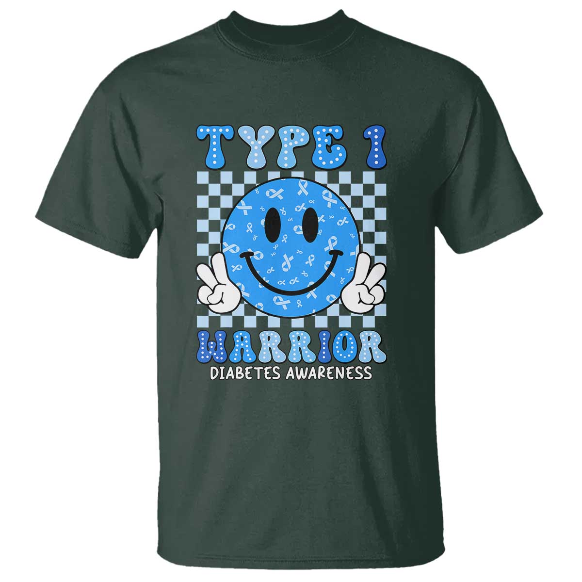 Diabetes Awareness T Shirt Blue Ribbon T1D Warrior Support Squad Retro Groovy TS02 Dark Forest Green Print Your Wear